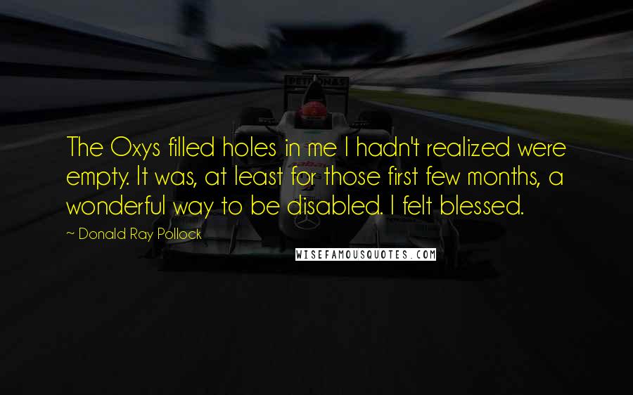 Donald Ray Pollock Quotes: The Oxys filled holes in me I hadn't realized were empty. It was, at least for those first few months, a wonderful way to be disabled. I felt blessed.