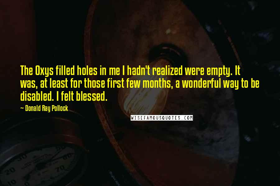 Donald Ray Pollock Quotes: The Oxys filled holes in me I hadn't realized were empty. It was, at least for those first few months, a wonderful way to be disabled. I felt blessed.