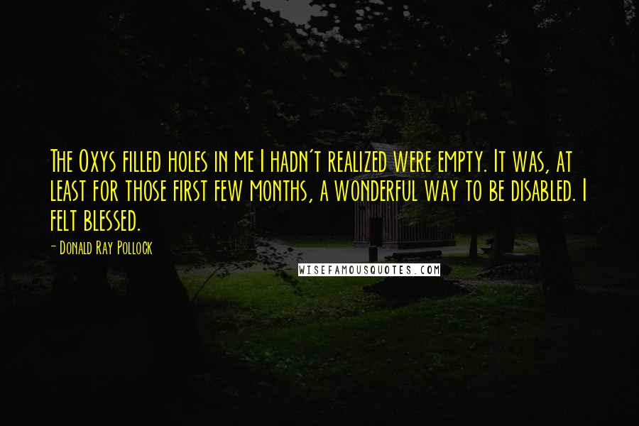 Donald Ray Pollock Quotes: The Oxys filled holes in me I hadn't realized were empty. It was, at least for those first few months, a wonderful way to be disabled. I felt blessed.