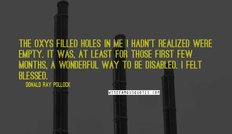 Donald Ray Pollock Quotes: The Oxys filled holes in me I hadn't realized were empty. It was, at least for those first few months, a wonderful way to be disabled. I felt blessed.