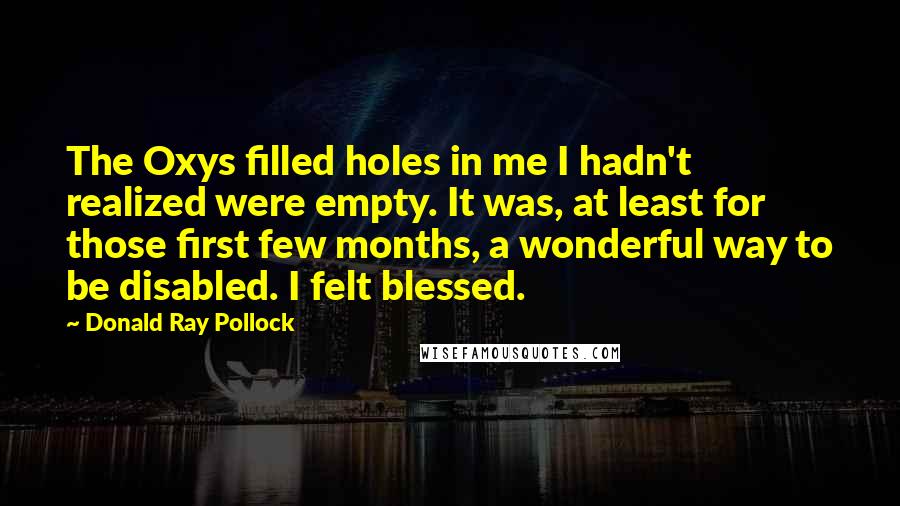 Donald Ray Pollock Quotes: The Oxys filled holes in me I hadn't realized were empty. It was, at least for those first few months, a wonderful way to be disabled. I felt blessed.