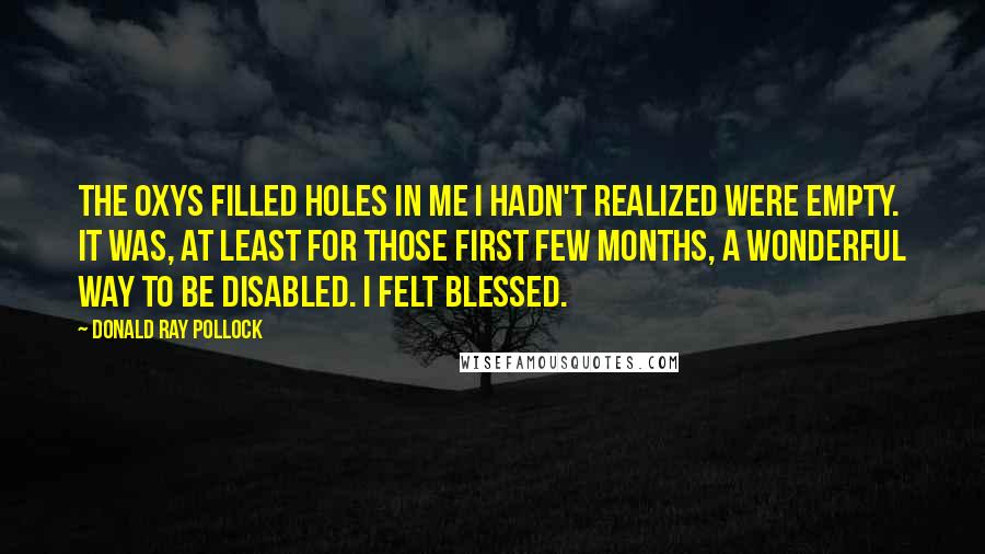 Donald Ray Pollock Quotes: The Oxys filled holes in me I hadn't realized were empty. It was, at least for those first few months, a wonderful way to be disabled. I felt blessed.