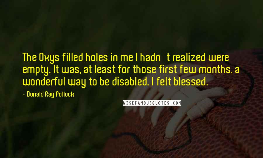 Donald Ray Pollock Quotes: The Oxys filled holes in me I hadn't realized were empty. It was, at least for those first few months, a wonderful way to be disabled. I felt blessed.