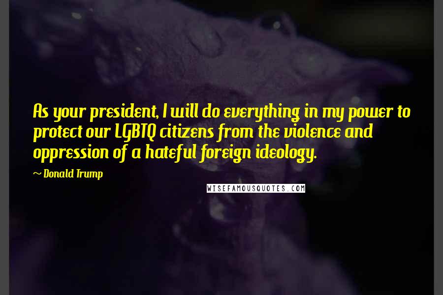 Donald Trump Quotes: As your president, I will do everything in my power to protect our LGBTQ citizens from the violence and oppression of a hateful foreign ideology.