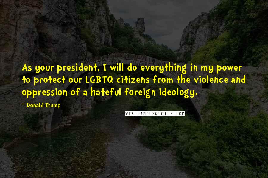 Donald Trump Quotes: As your president, I will do everything in my power to protect our LGBTQ citizens from the violence and oppression of a hateful foreign ideology.