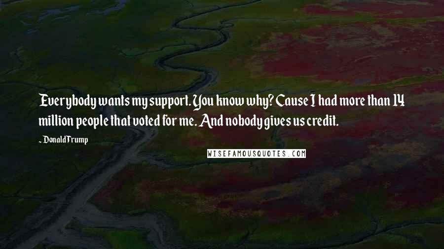 Donald Trump Quotes: Everybody wants my support. You know why? Cause I had more than 14 million people that voted for me. And nobody gives us credit.