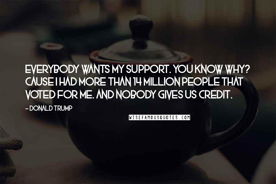 Donald Trump Quotes: Everybody wants my support. You know why? Cause I had more than 14 million people that voted for me. And nobody gives us credit.