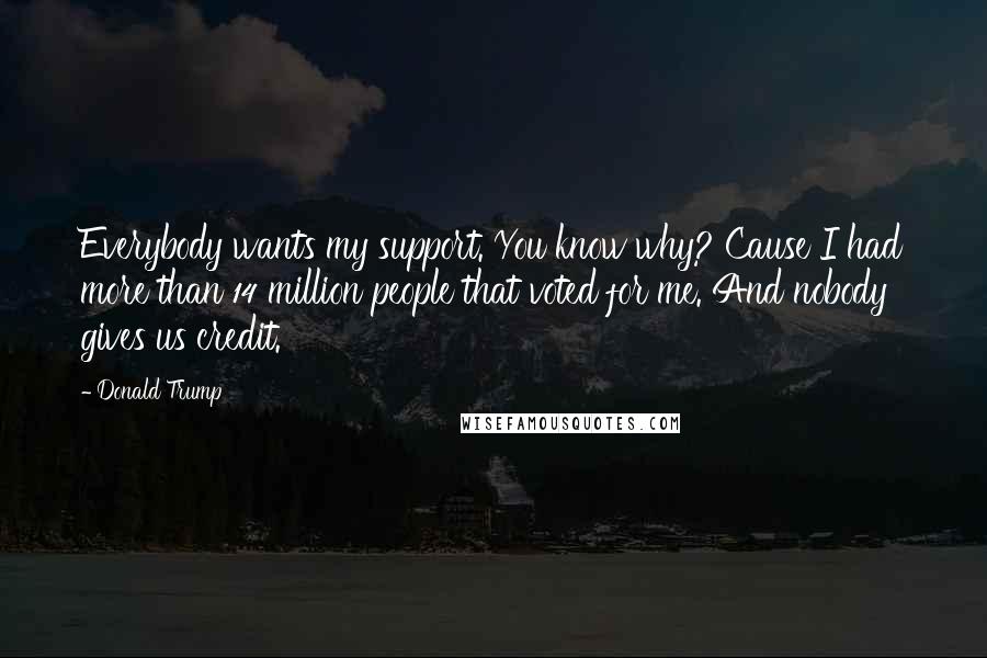 Donald Trump Quotes: Everybody wants my support. You know why? Cause I had more than 14 million people that voted for me. And nobody gives us credit.
