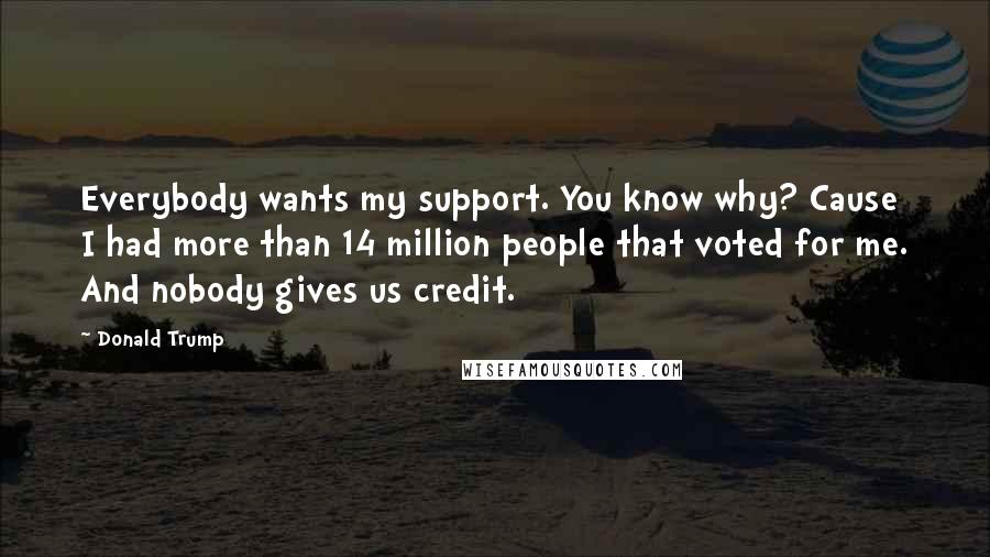 Donald Trump Quotes: Everybody wants my support. You know why? Cause I had more than 14 million people that voted for me. And nobody gives us credit.