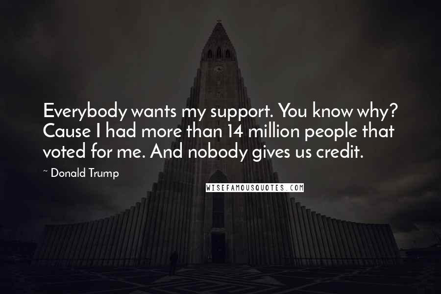 Donald Trump Quotes: Everybody wants my support. You know why? Cause I had more than 14 million people that voted for me. And nobody gives us credit.