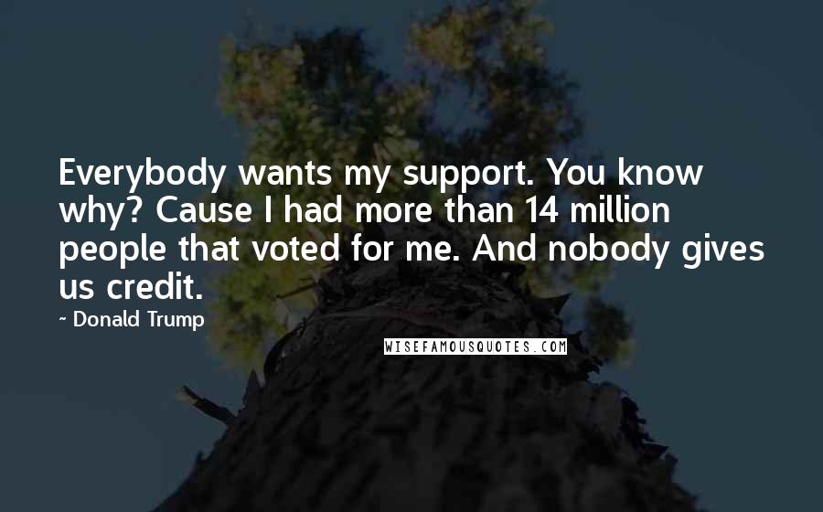 Donald Trump Quotes: Everybody wants my support. You know why? Cause I had more than 14 million people that voted for me. And nobody gives us credit.