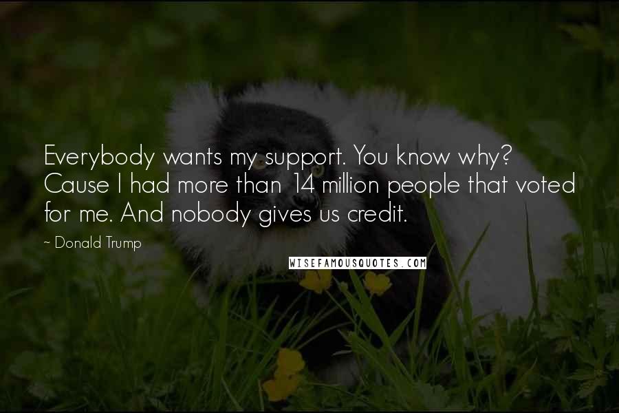 Donald Trump Quotes: Everybody wants my support. You know why? Cause I had more than 14 million people that voted for me. And nobody gives us credit.