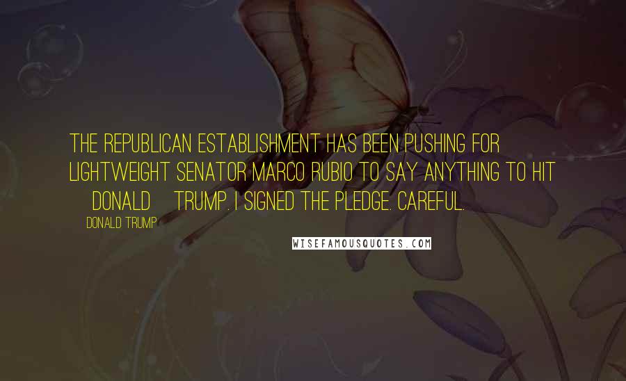 Donald Trump Quotes: The Republican establishment has been pushing for lightweight Senator Marco Rubio to say anything to hit [Donald]Trump. I signed the pledge. Careful.