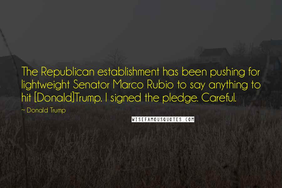 Donald Trump Quotes: The Republican establishment has been pushing for lightweight Senator Marco Rubio to say anything to hit [Donald]Trump. I signed the pledge. Careful.