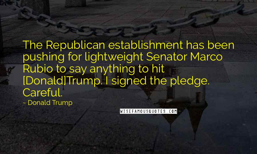 Donald Trump Quotes: The Republican establishment has been pushing for lightweight Senator Marco Rubio to say anything to hit [Donald]Trump. I signed the pledge. Careful.