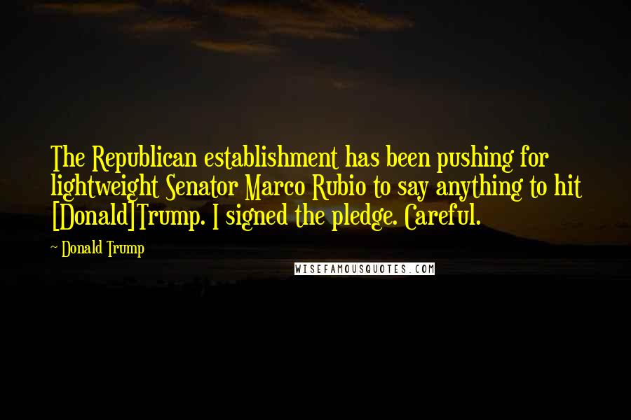 Donald Trump Quotes: The Republican establishment has been pushing for lightweight Senator Marco Rubio to say anything to hit [Donald]Trump. I signed the pledge. Careful.