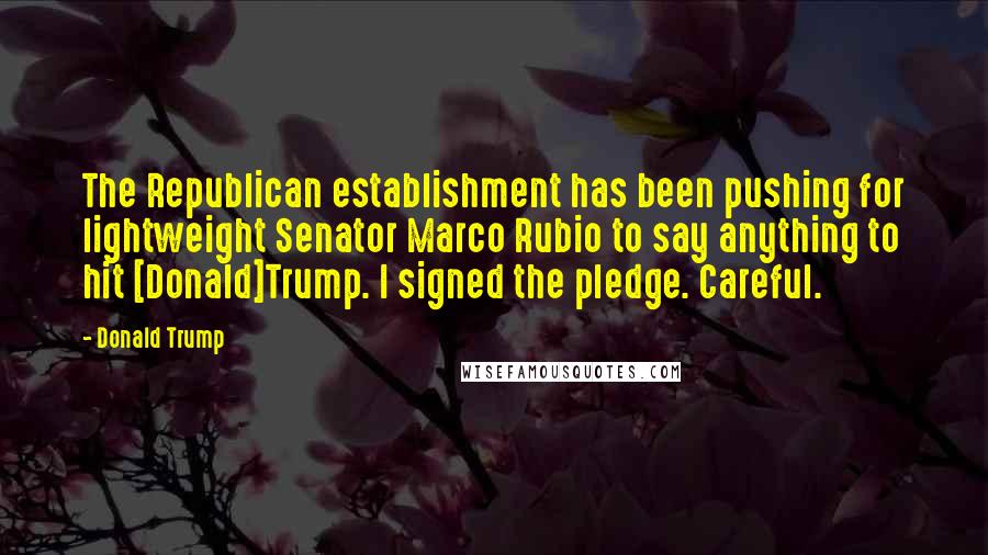 Donald Trump Quotes: The Republican establishment has been pushing for lightweight Senator Marco Rubio to say anything to hit [Donald]Trump. I signed the pledge. Careful.
