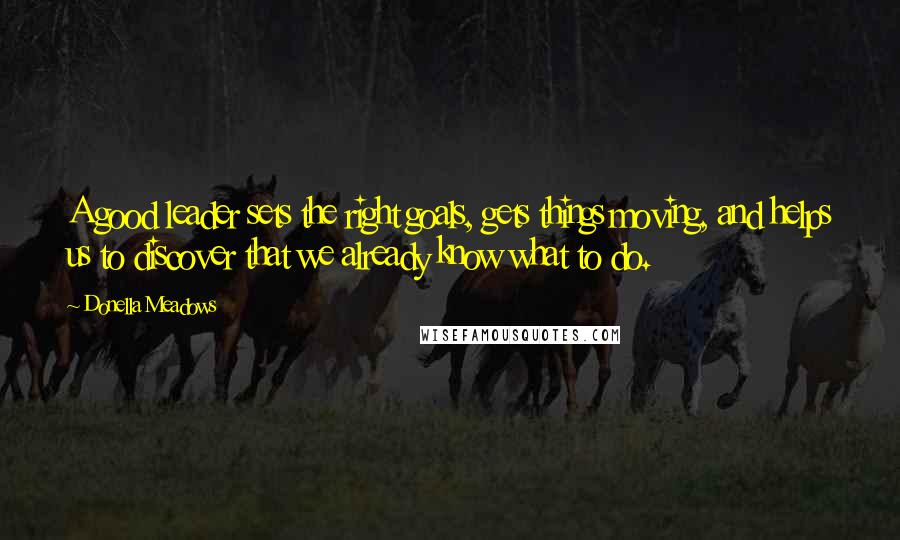 Donella Meadows Quotes: A good leader sets the right goals, gets things moving, and helps us to discover that we already know what to do.