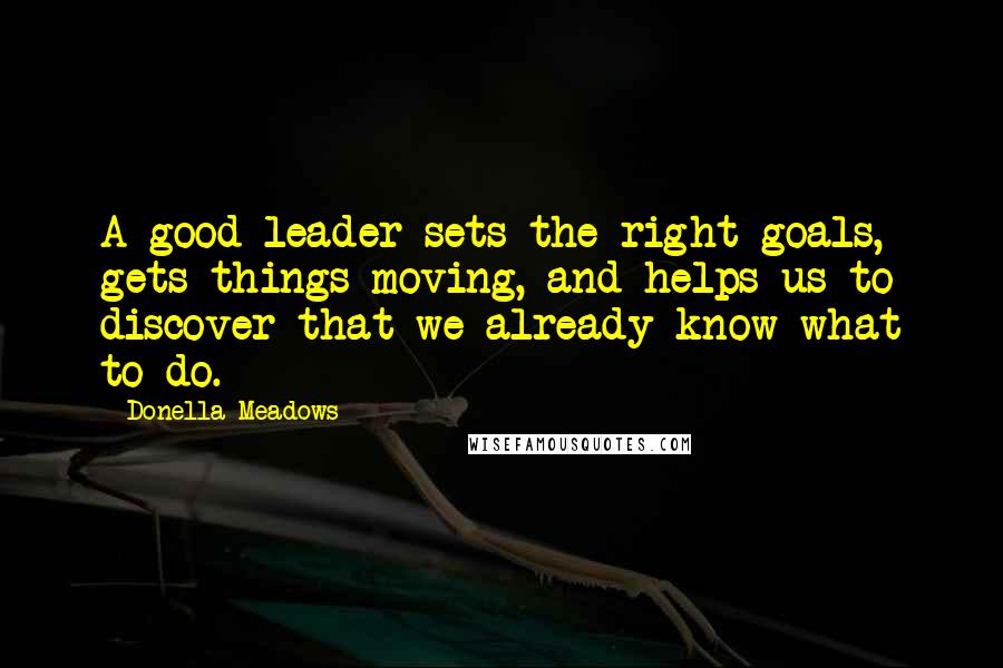 Donella Meadows Quotes: A good leader sets the right goals, gets things moving, and helps us to discover that we already know what to do.