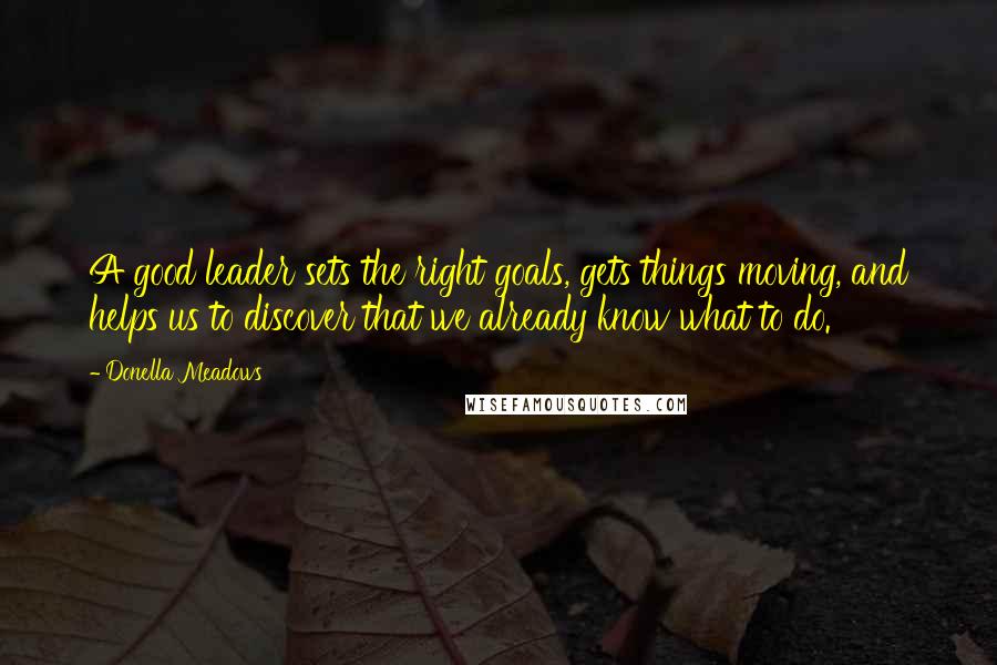 Donella Meadows Quotes: A good leader sets the right goals, gets things moving, and helps us to discover that we already know what to do.