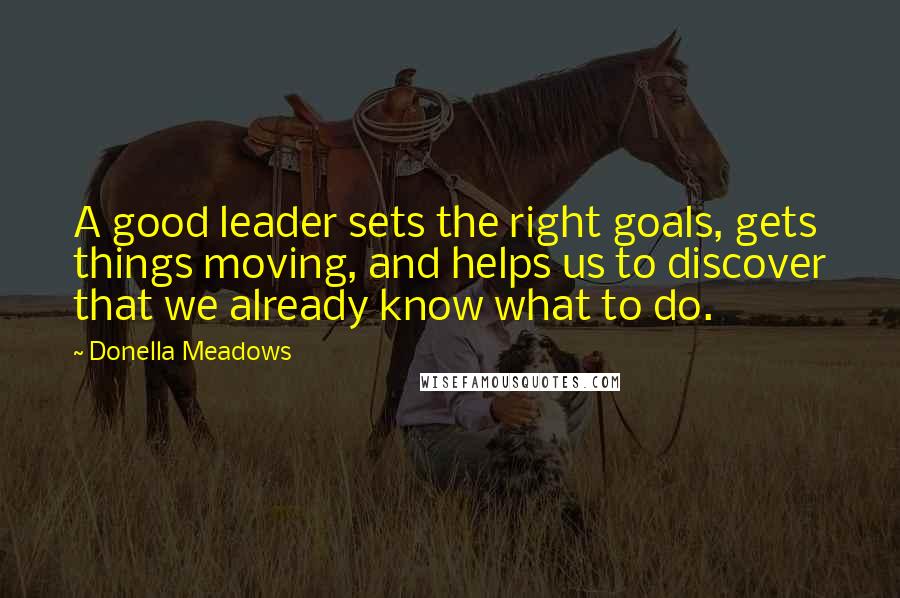 Donella Meadows Quotes: A good leader sets the right goals, gets things moving, and helps us to discover that we already know what to do.