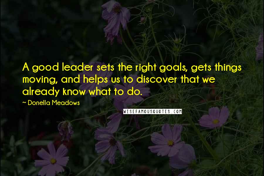 Donella Meadows Quotes: A good leader sets the right goals, gets things moving, and helps us to discover that we already know what to do.