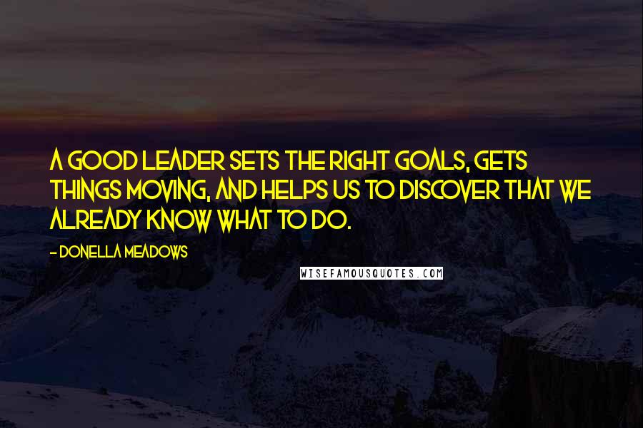 Donella Meadows Quotes: A good leader sets the right goals, gets things moving, and helps us to discover that we already know what to do.