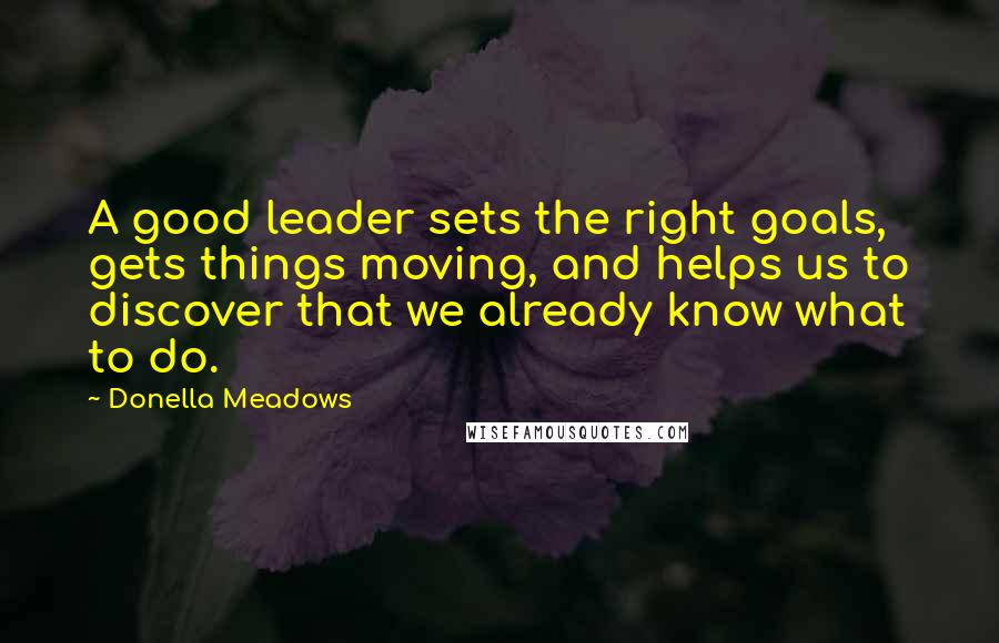 Donella Meadows Quotes: A good leader sets the right goals, gets things moving, and helps us to discover that we already know what to do.