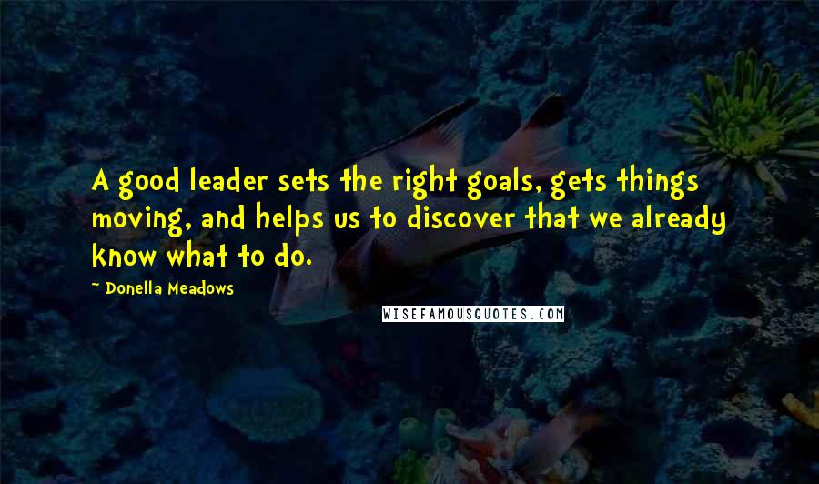 Donella Meadows Quotes: A good leader sets the right goals, gets things moving, and helps us to discover that we already know what to do.