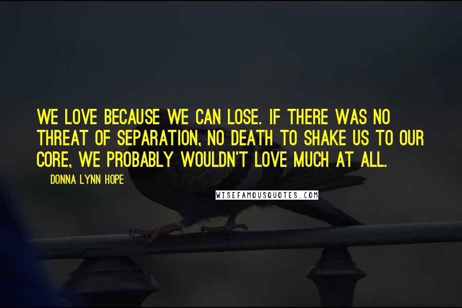 Donna Lynn Hope Quotes: We love because we can lose. If there was no threat of separation, no death to shake us to our core, we probably wouldn't love much at all.
