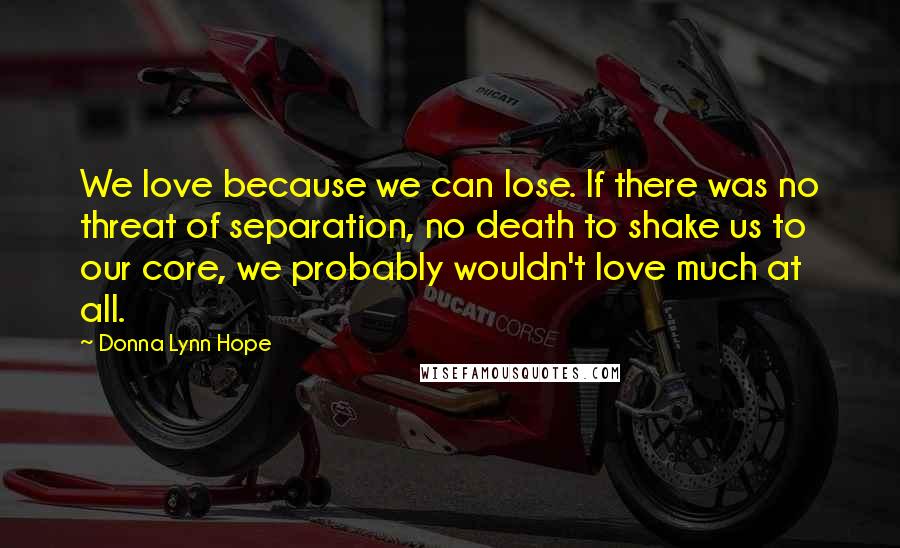 Donna Lynn Hope Quotes: We love because we can lose. If there was no threat of separation, no death to shake us to our core, we probably wouldn't love much at all.