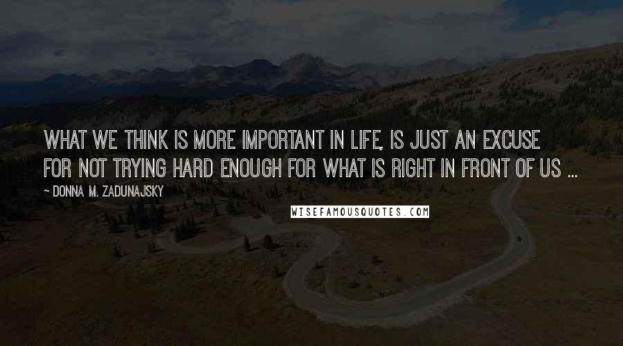 Donna M. Zadunajsky Quotes: What we think is more important in life, is just an excuse for not trying hard enough for what is right in front of us ...