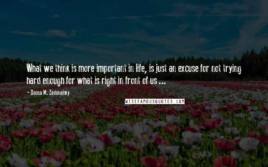 Donna M. Zadunajsky Quotes: What we think is more important in life, is just an excuse for not trying hard enough for what is right in front of us ...