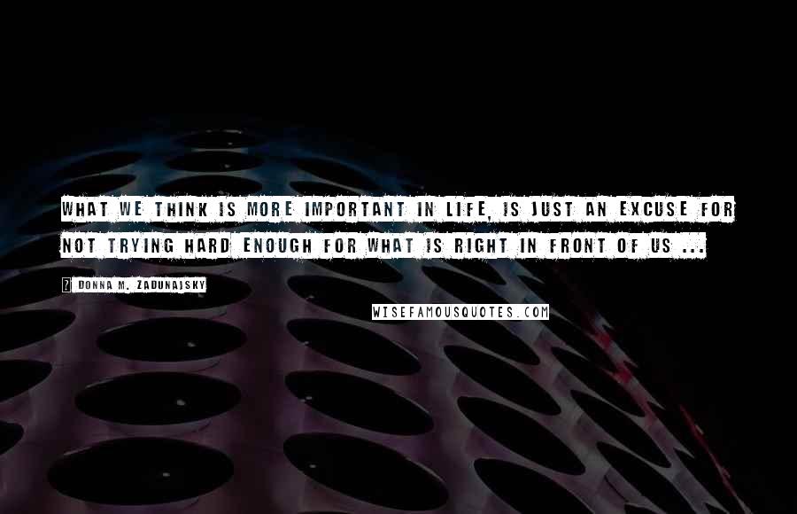 Donna M. Zadunajsky Quotes: What we think is more important in life, is just an excuse for not trying hard enough for what is right in front of us ...