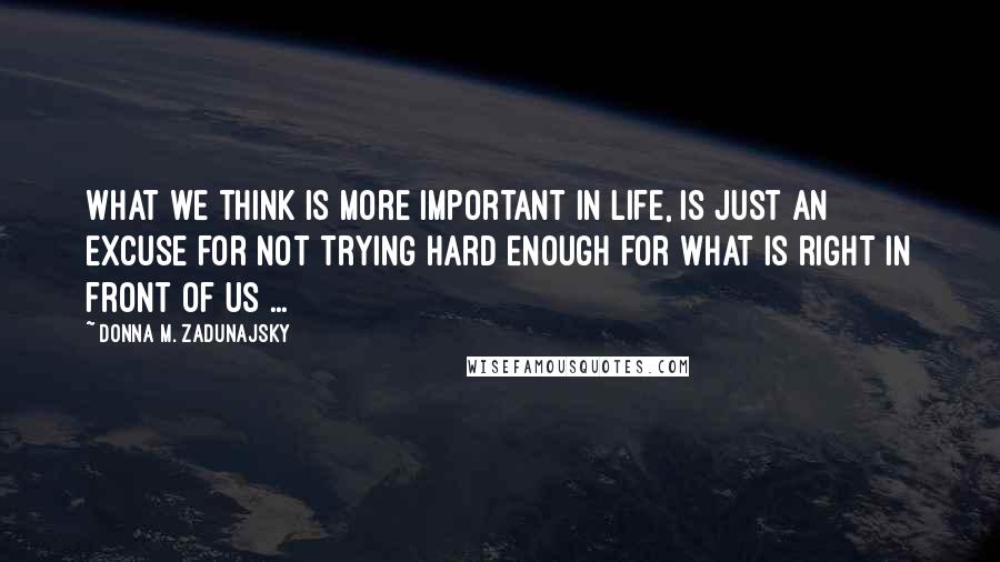 Donna M. Zadunajsky Quotes: What we think is more important in life, is just an excuse for not trying hard enough for what is right in front of us ...