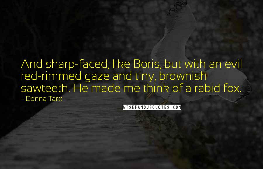 Donna Tartt Quotes: And sharp-faced, like Boris, but with an evil red-rimmed gaze and tiny, brownish sawteeth. He made me think of a rabid fox.