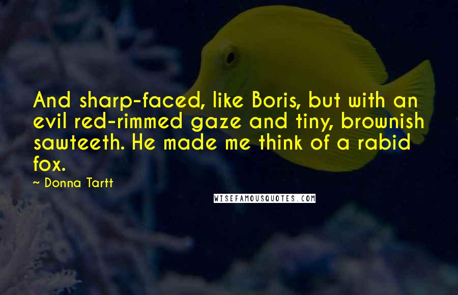 Donna Tartt Quotes: And sharp-faced, like Boris, but with an evil red-rimmed gaze and tiny, brownish sawteeth. He made me think of a rabid fox.