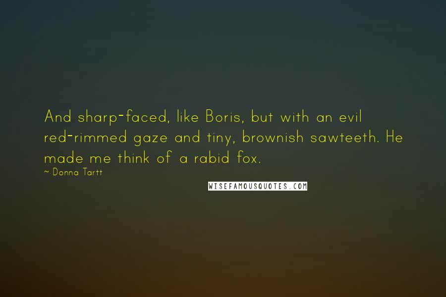 Donna Tartt Quotes: And sharp-faced, like Boris, but with an evil red-rimmed gaze and tiny, brownish sawteeth. He made me think of a rabid fox.