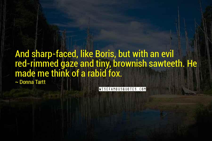 Donna Tartt Quotes: And sharp-faced, like Boris, but with an evil red-rimmed gaze and tiny, brownish sawteeth. He made me think of a rabid fox.