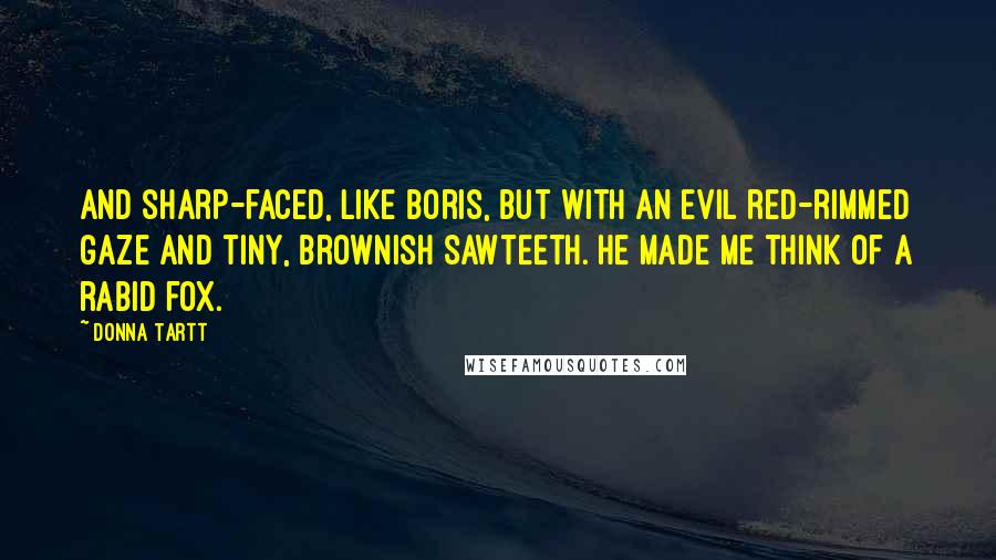 Donna Tartt Quotes: And sharp-faced, like Boris, but with an evil red-rimmed gaze and tiny, brownish sawteeth. He made me think of a rabid fox.