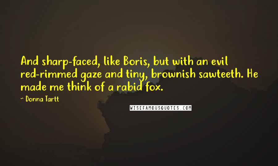 Donna Tartt Quotes: And sharp-faced, like Boris, but with an evil red-rimmed gaze and tiny, brownish sawteeth. He made me think of a rabid fox.