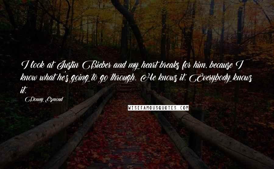 Donny Osmond Quotes: I look at Justin Bieber and my heart breaks for him, because I know what he's going to go through. He knows it. Everybody knows it.