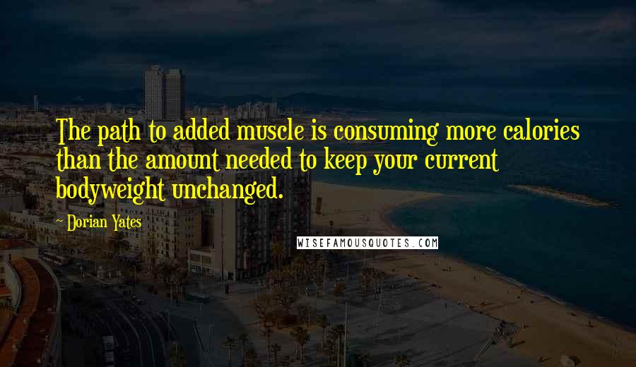 Dorian Yates Quotes: The path to added muscle is consuming more calories than the amount needed to keep your current bodyweight unchanged.