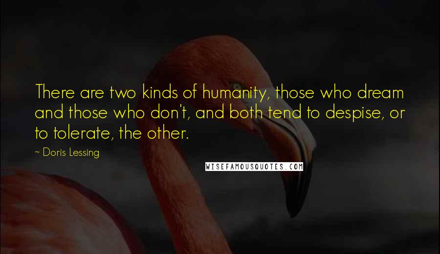 Doris Lessing Quotes: There are two kinds of humanity, those who dream and those who don't, and both tend to despise, or to tolerate, the other.