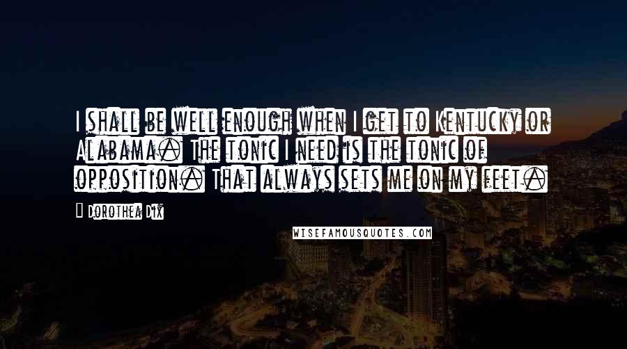 Dorothea Dix Quotes: I shall be well enough when I get to Kentucky or Alabama. The tonic I need is the tonic of opposition. That always sets me on my feet.