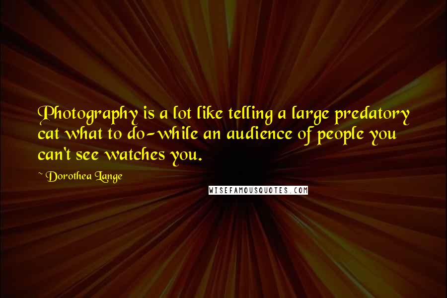 Dorothea Lange Quotes: Photography is a lot like telling a large predatory cat what to do-while an audience of people you can't see watches you.
