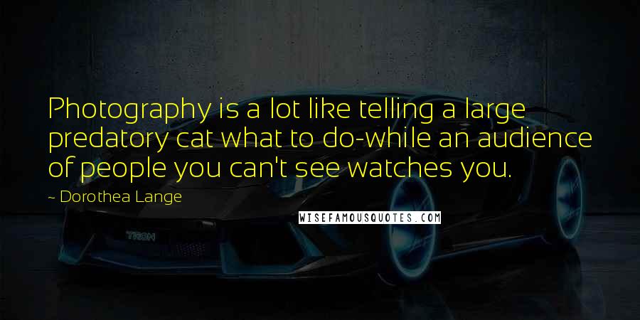 Dorothea Lange Quotes: Photography is a lot like telling a large predatory cat what to do-while an audience of people you can't see watches you.