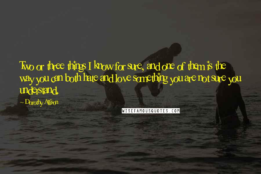 Dorothy Allison Quotes: Two or three things I know for sure, and one of them is the way you can both hate and love something you are not sure you understand.