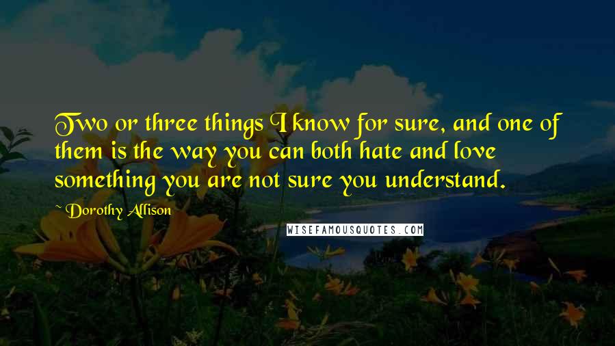 Dorothy Allison Quotes: Two or three things I know for sure, and one of them is the way you can both hate and love something you are not sure you understand.