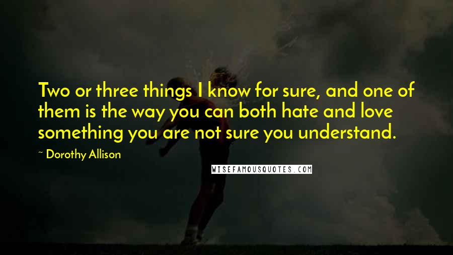 Dorothy Allison Quotes: Two or three things I know for sure, and one of them is the way you can both hate and love something you are not sure you understand.